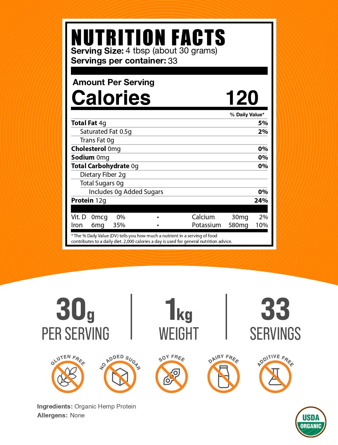 Organic hemp seed protein powder label 1kg