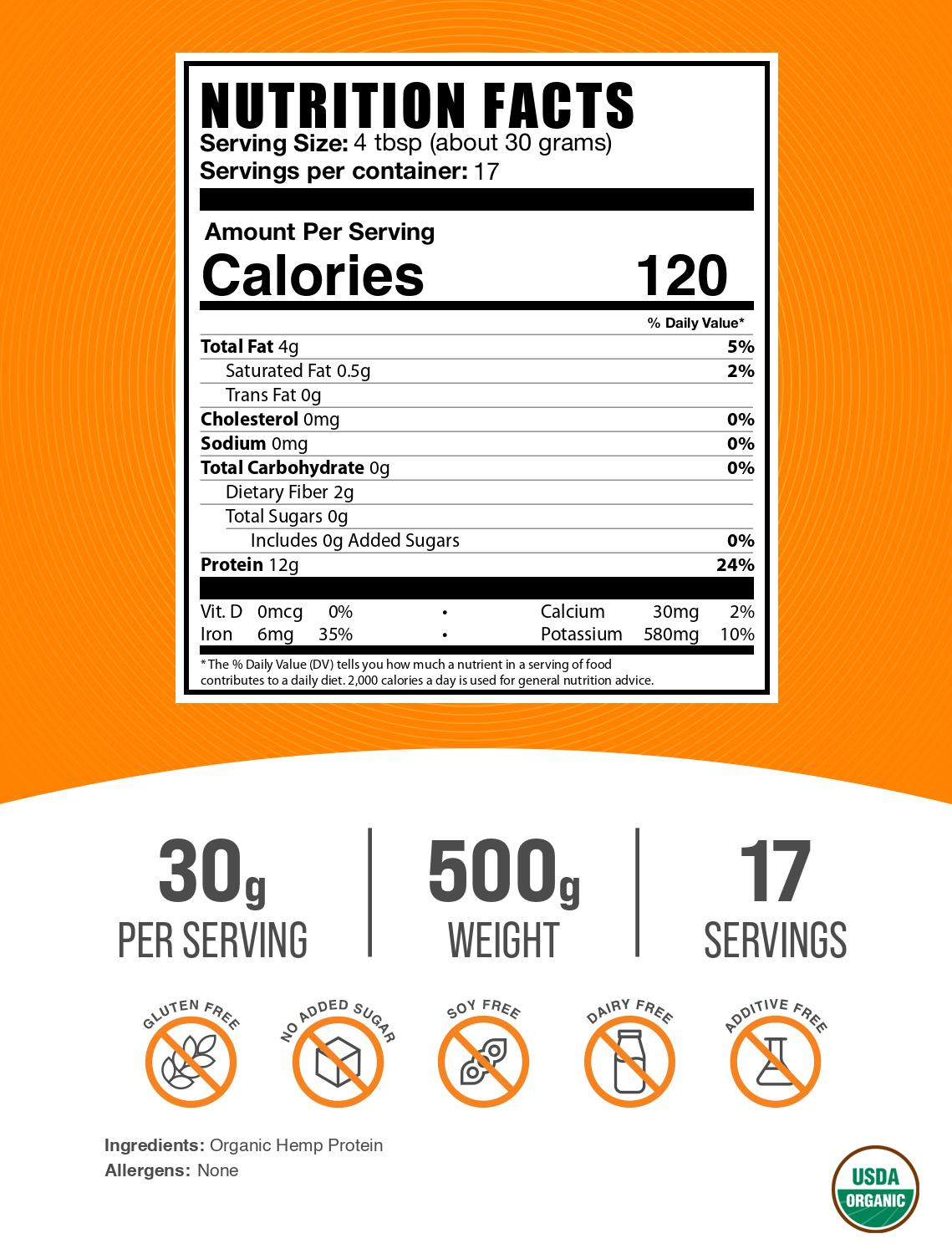 Organic hemp seed protein powder label 500g