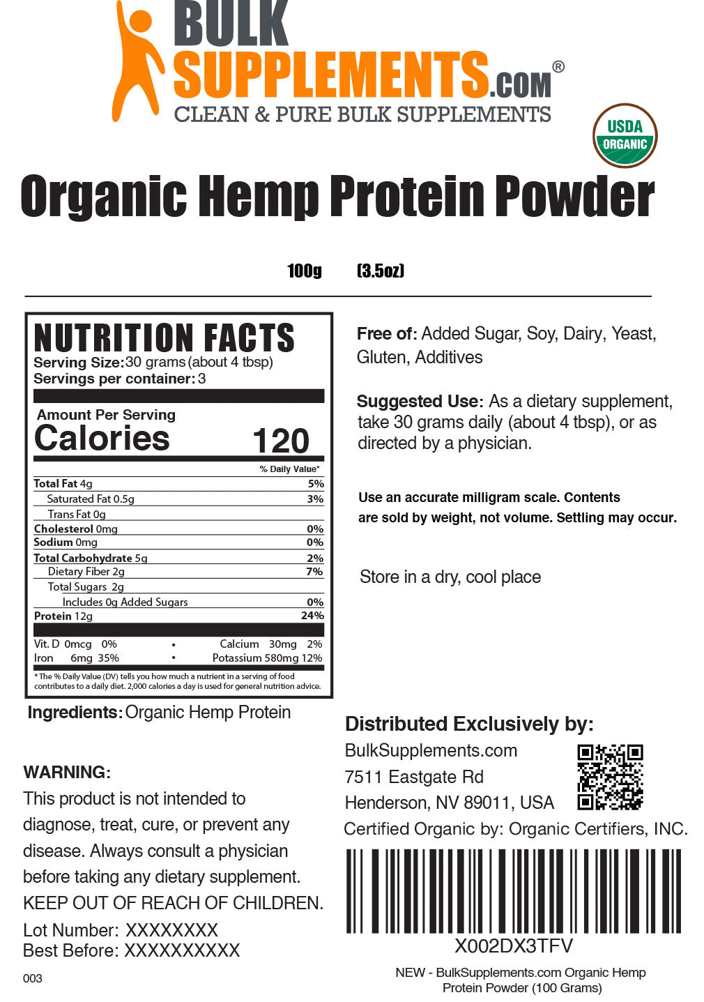 Supplement Facts Organic Hemp Seed Protein Powder