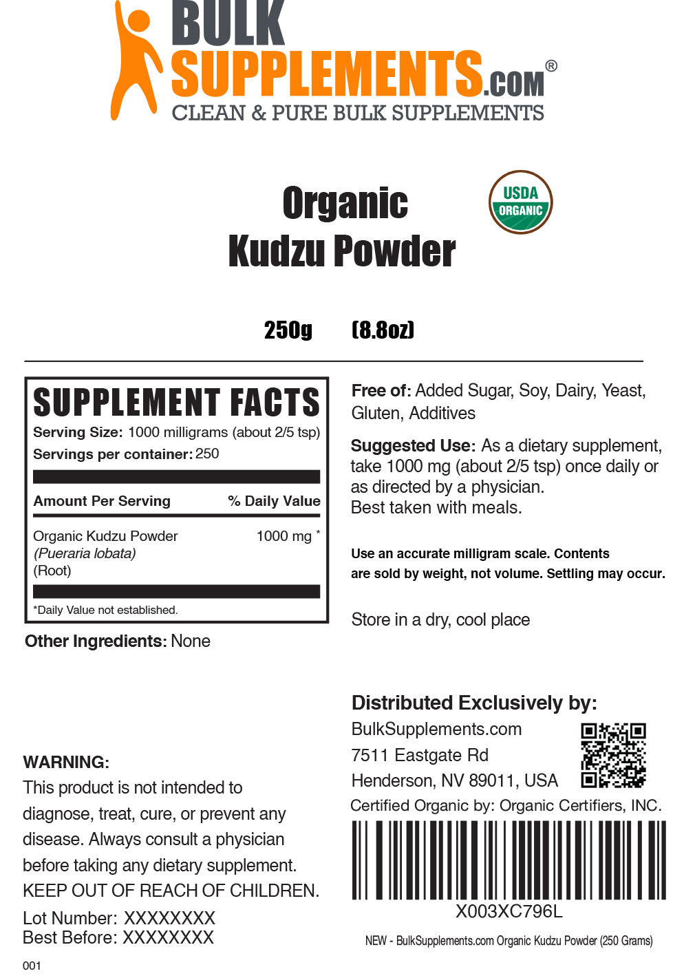Organic Kudzu Root Powder 250g Label