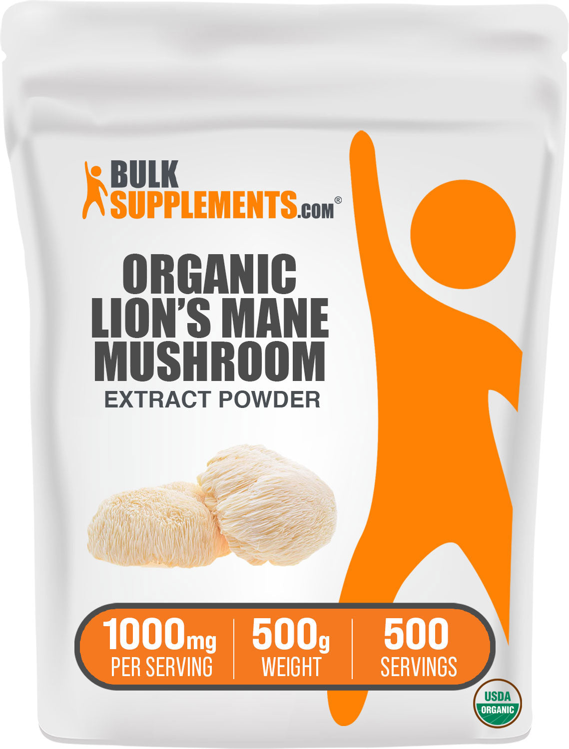 BulkSupplements.com Organic Lion's Mane Mushroom Extract Powder 500g bag