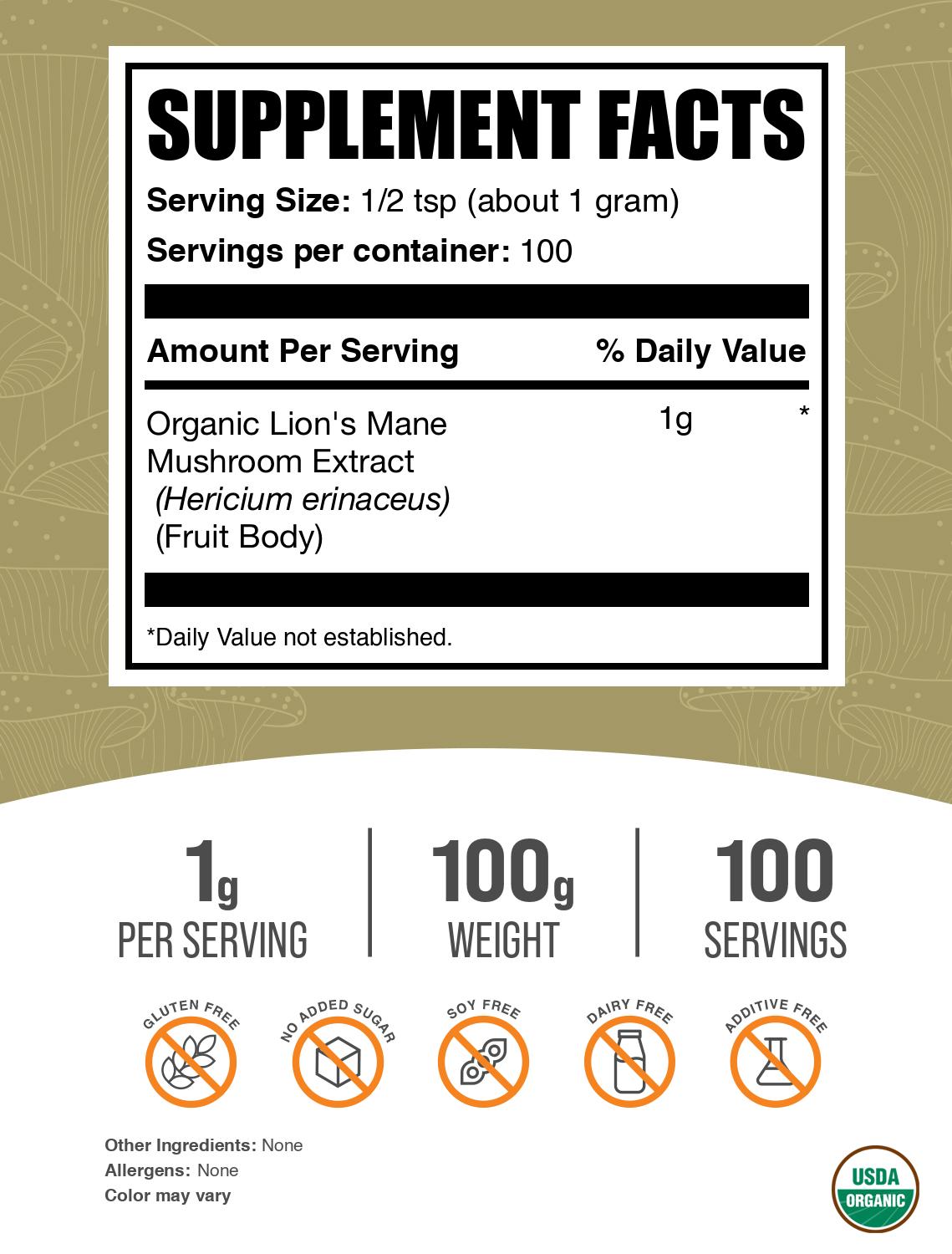 Organic Lions Mane Mushroom Extract Powder 100g Label