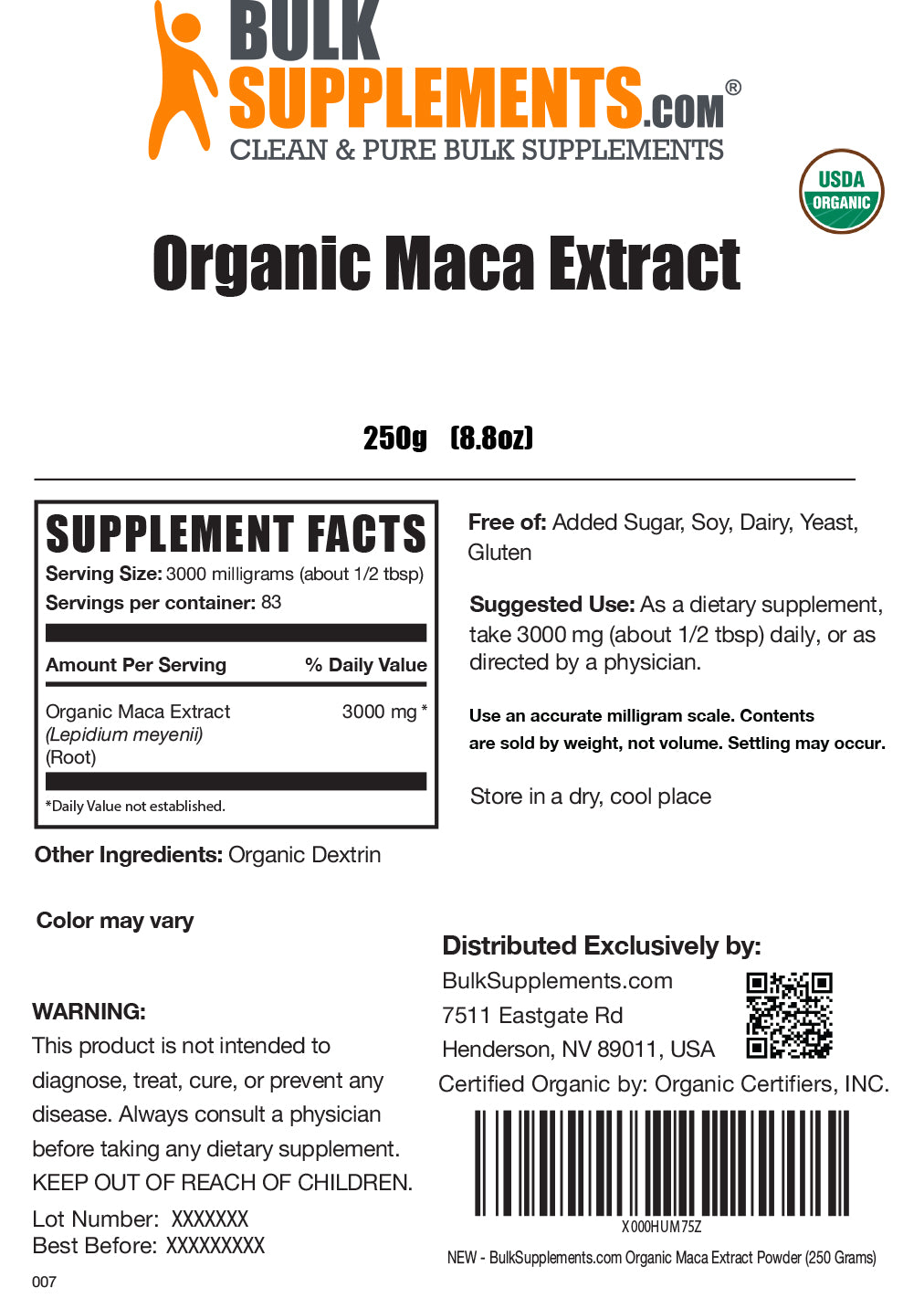 Organic maca root extract powder label 250g