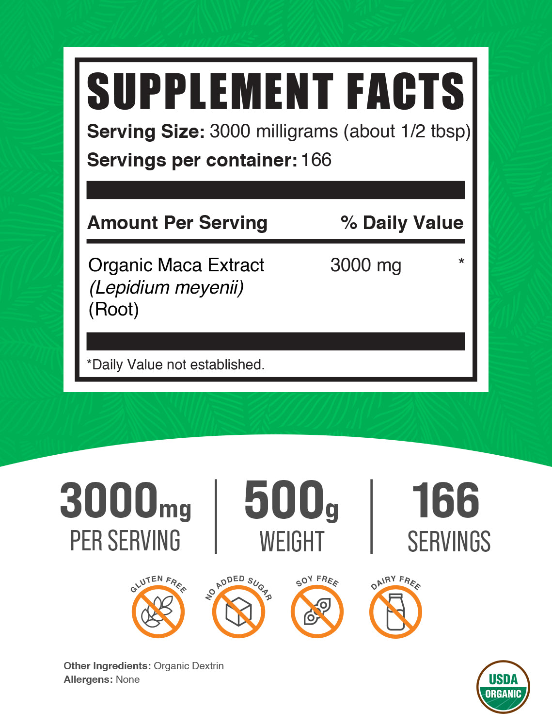 Organic maca root extract powder label 500g