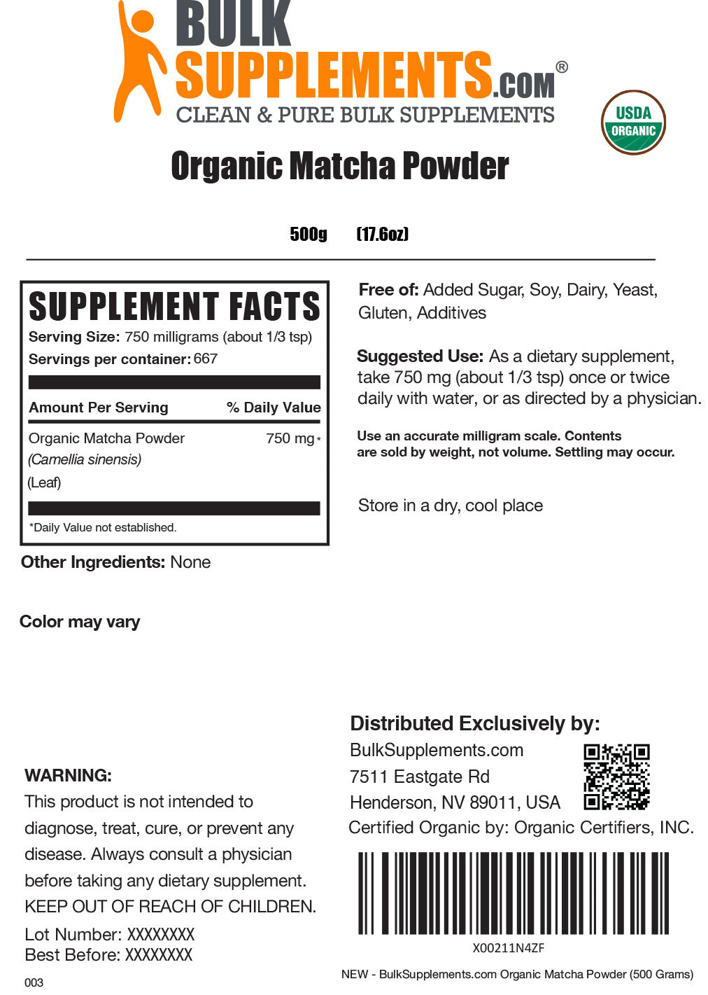 Supplement Facts Organic Matcha Powder