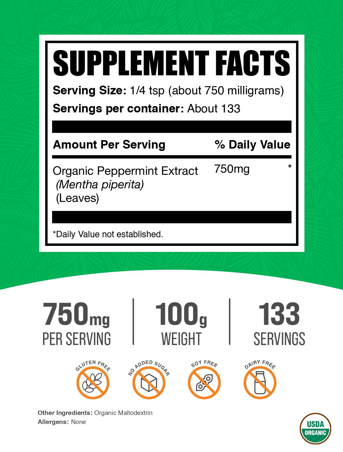 Organic Peppermint Extract Powder 100g Label
