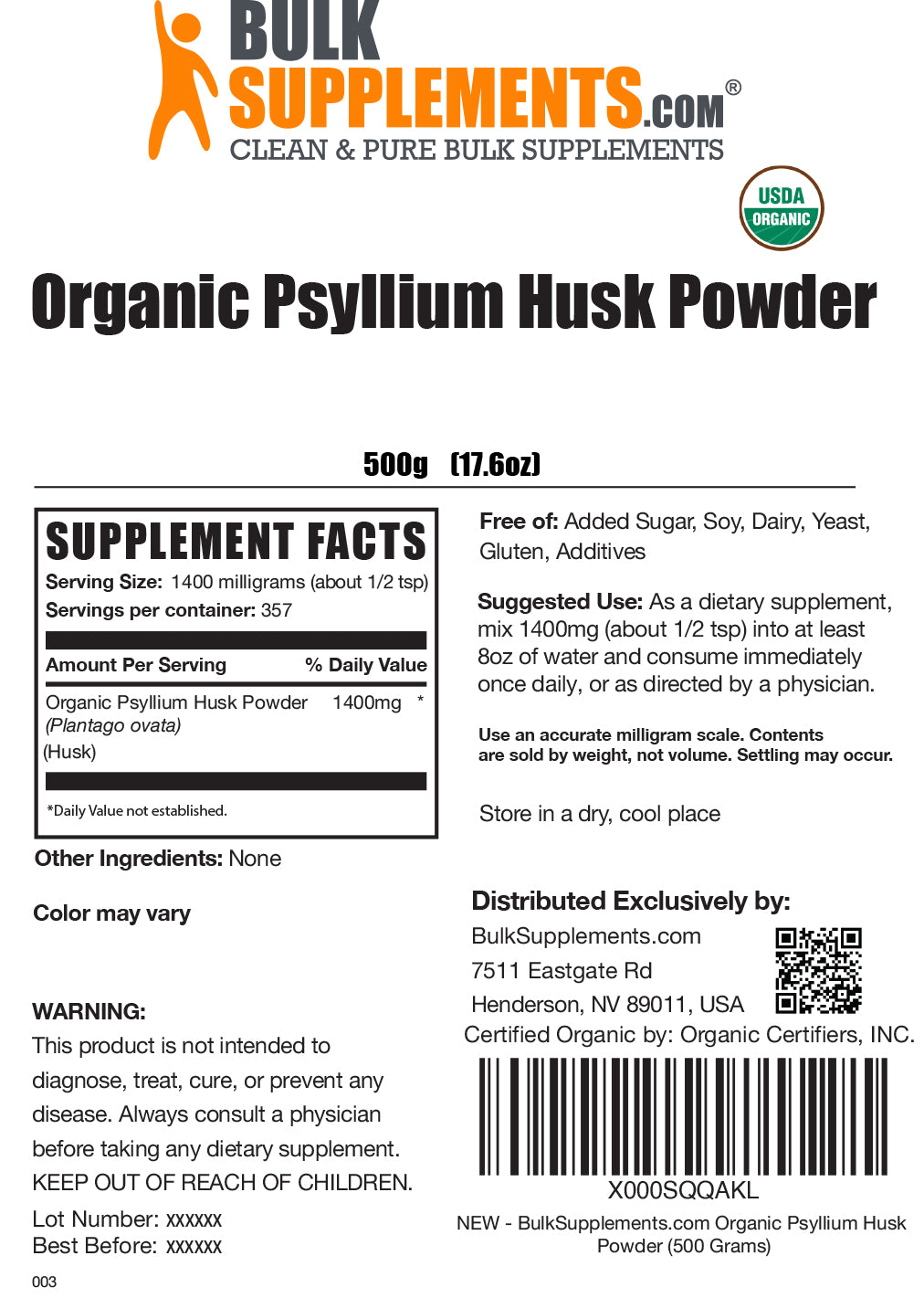 Organic Psyllium Husk powder label 500g