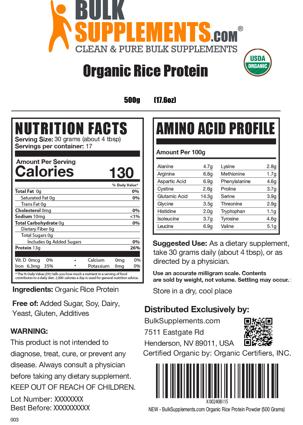 Organic Rice Protein Powder label 500g