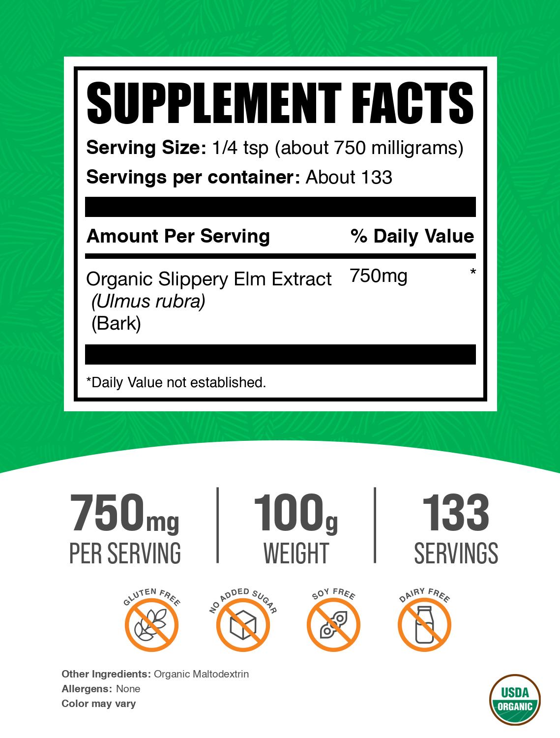 Organic Slippery Elm Extract Powder 100g Label