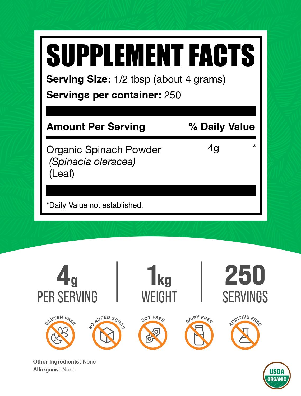 Organic spinach powder label 1kg