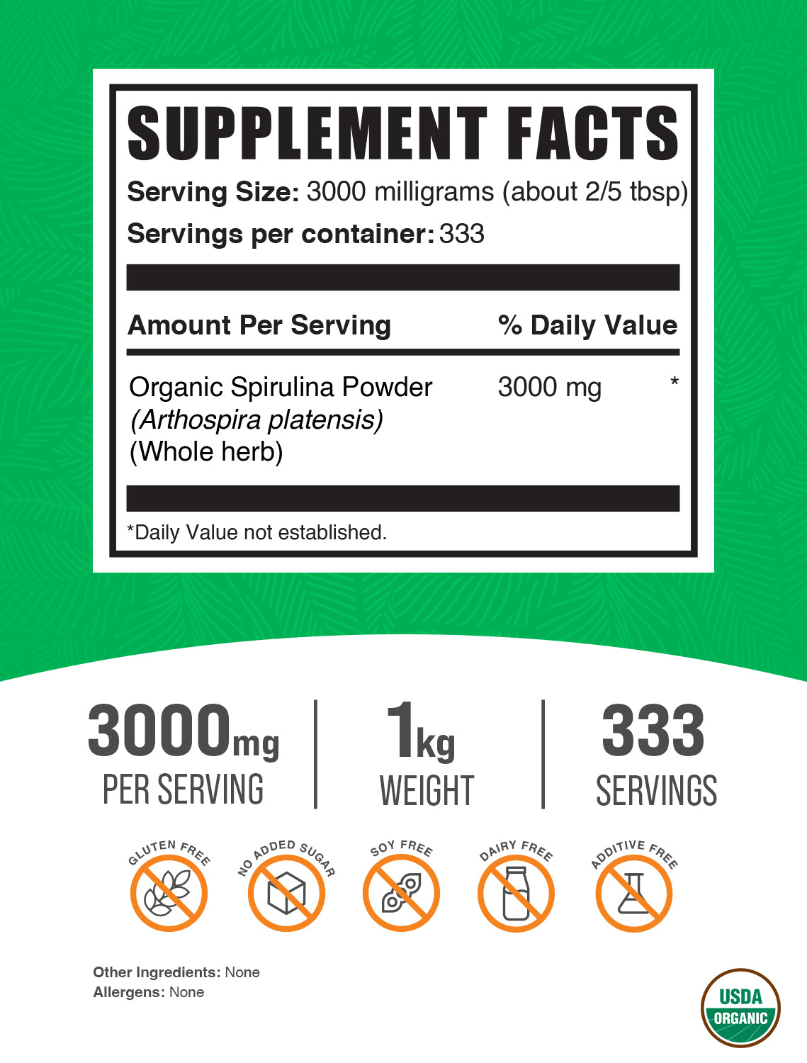  BulkSupplements.com Organic Spirulina Powder 1kg Bag