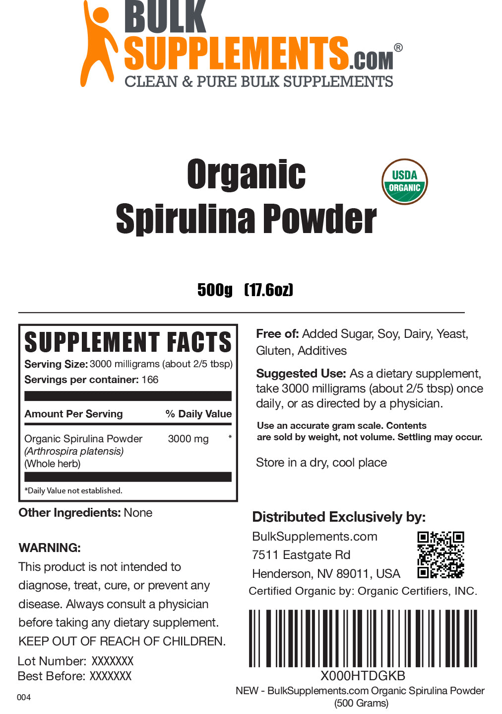 Organic Spirulina Powder 500g Label