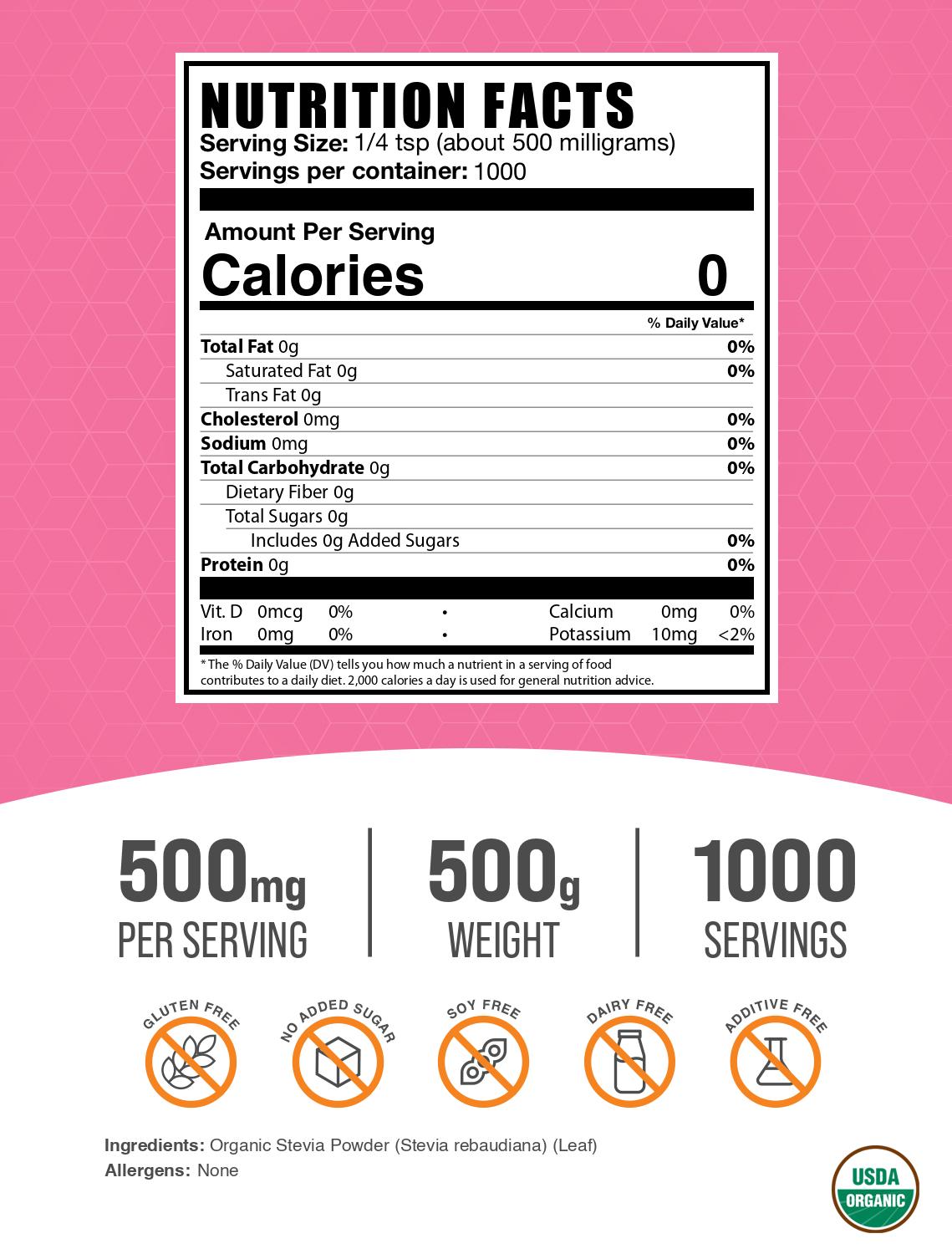 Organic stevia leaf powder label 500g
