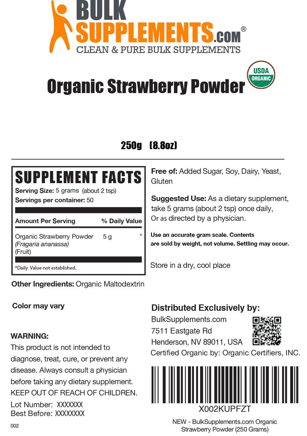 Organic Strawberry Powder 250g label