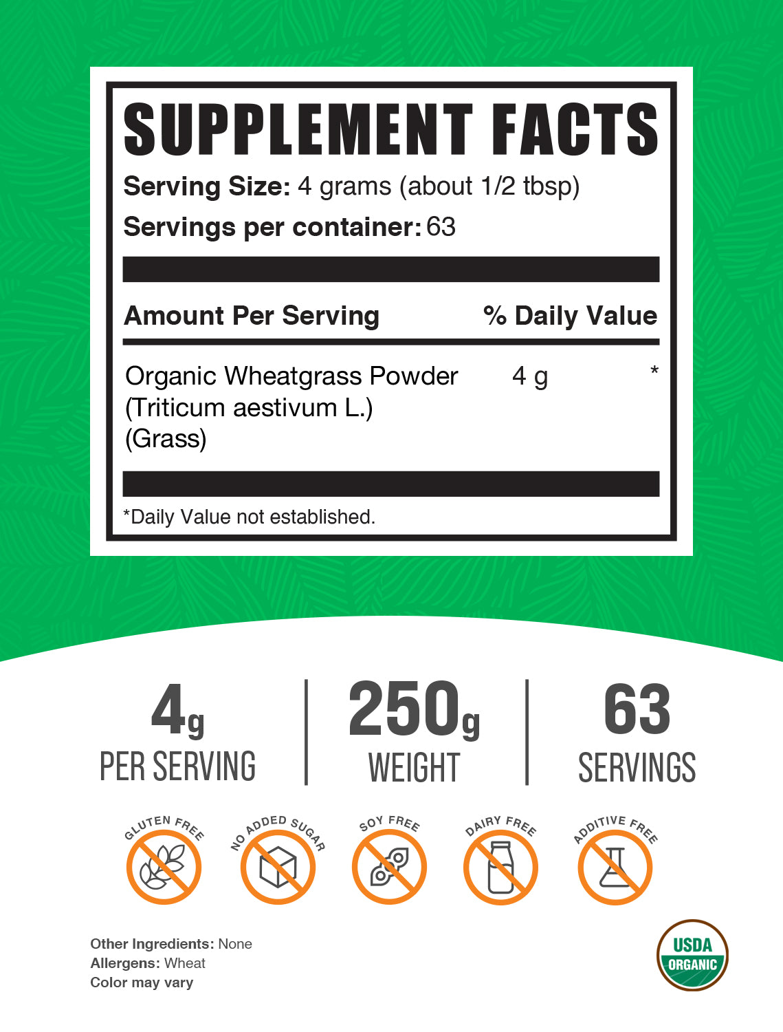 Organic Wheatgrass Powder 250g Label