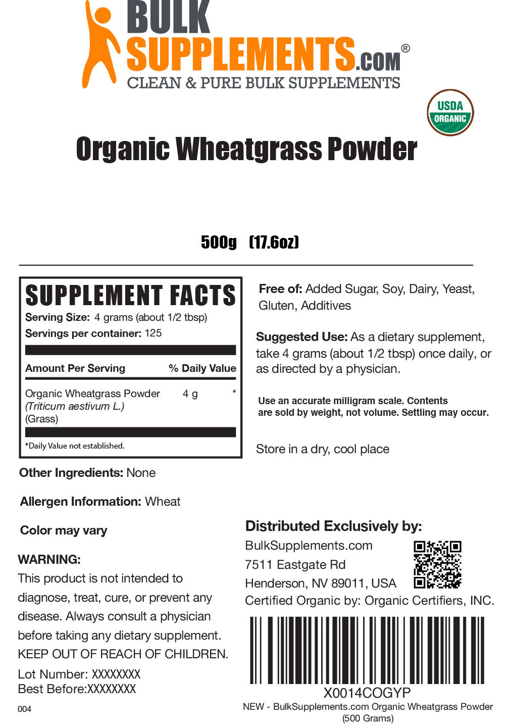 Organic Wheatgrass Powder Label 500g