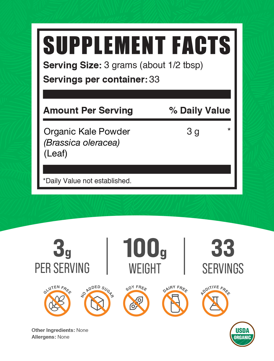 Organic Kale 100g label 