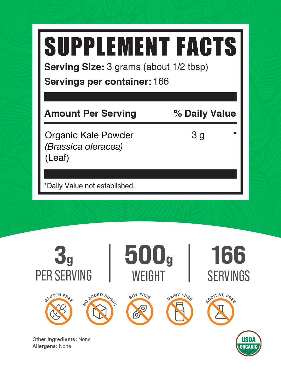 Organic kale powder label 500g