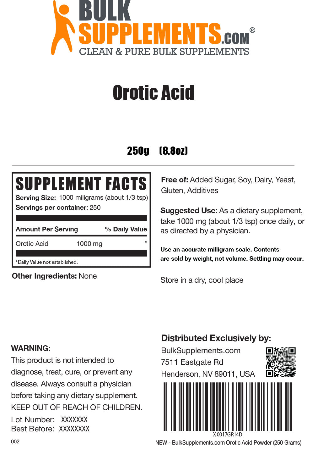 Orotic Acid Powder 250g Label