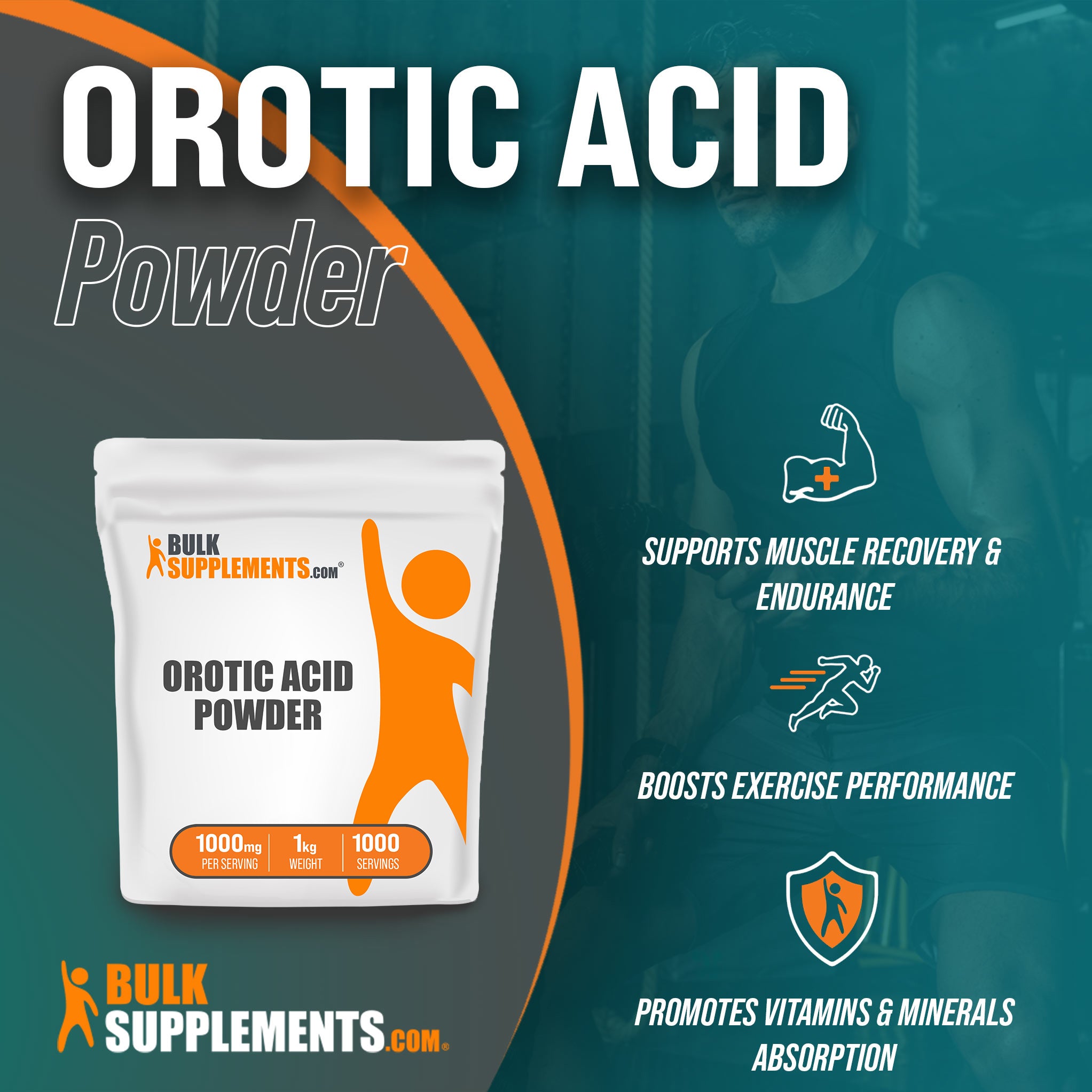 Benefits of Orotic Acid: supports muscle recovery and endurance, boosts exercise performance, promotes vitamins and minerals absorption