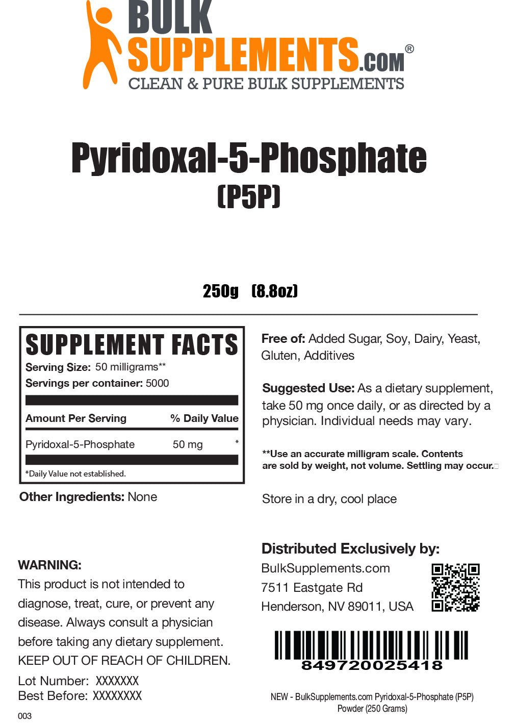 Supplement Facts Pyridoxal-5-Phosphate P5P
