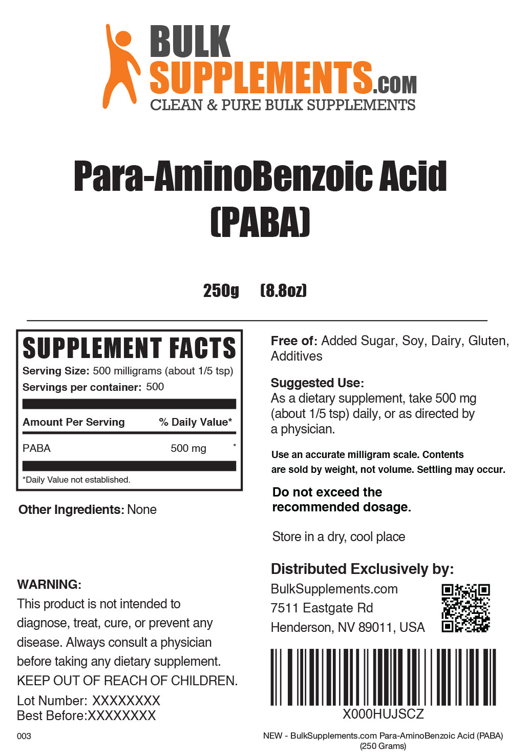 Para-Aminobenzoic Acid (PABA) Powder 250g Label