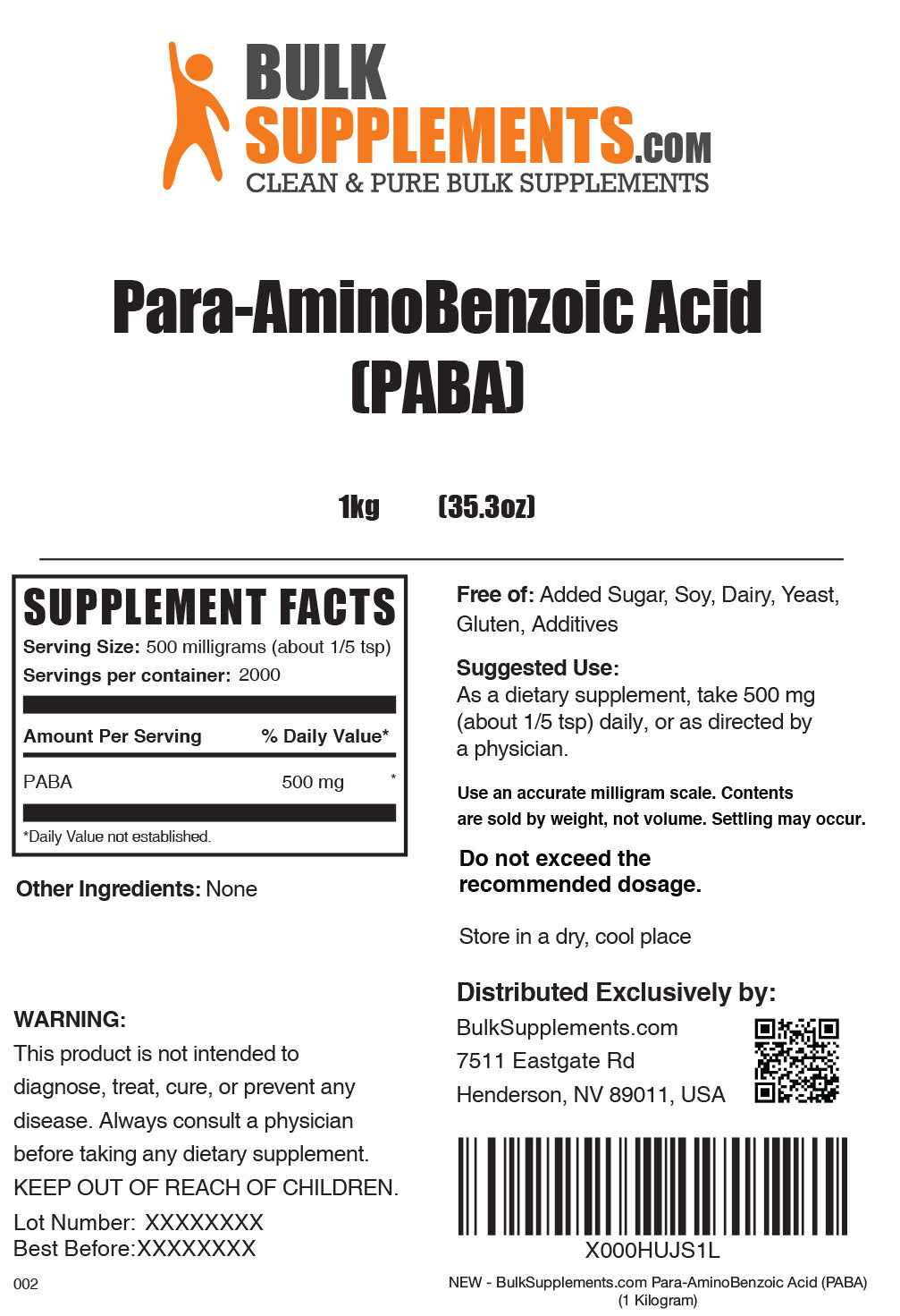 Supplement Facts PABA Powder