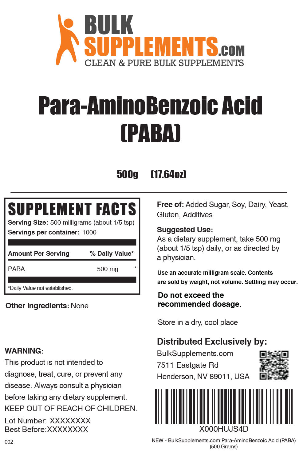 Supplement Facts PABA Powder