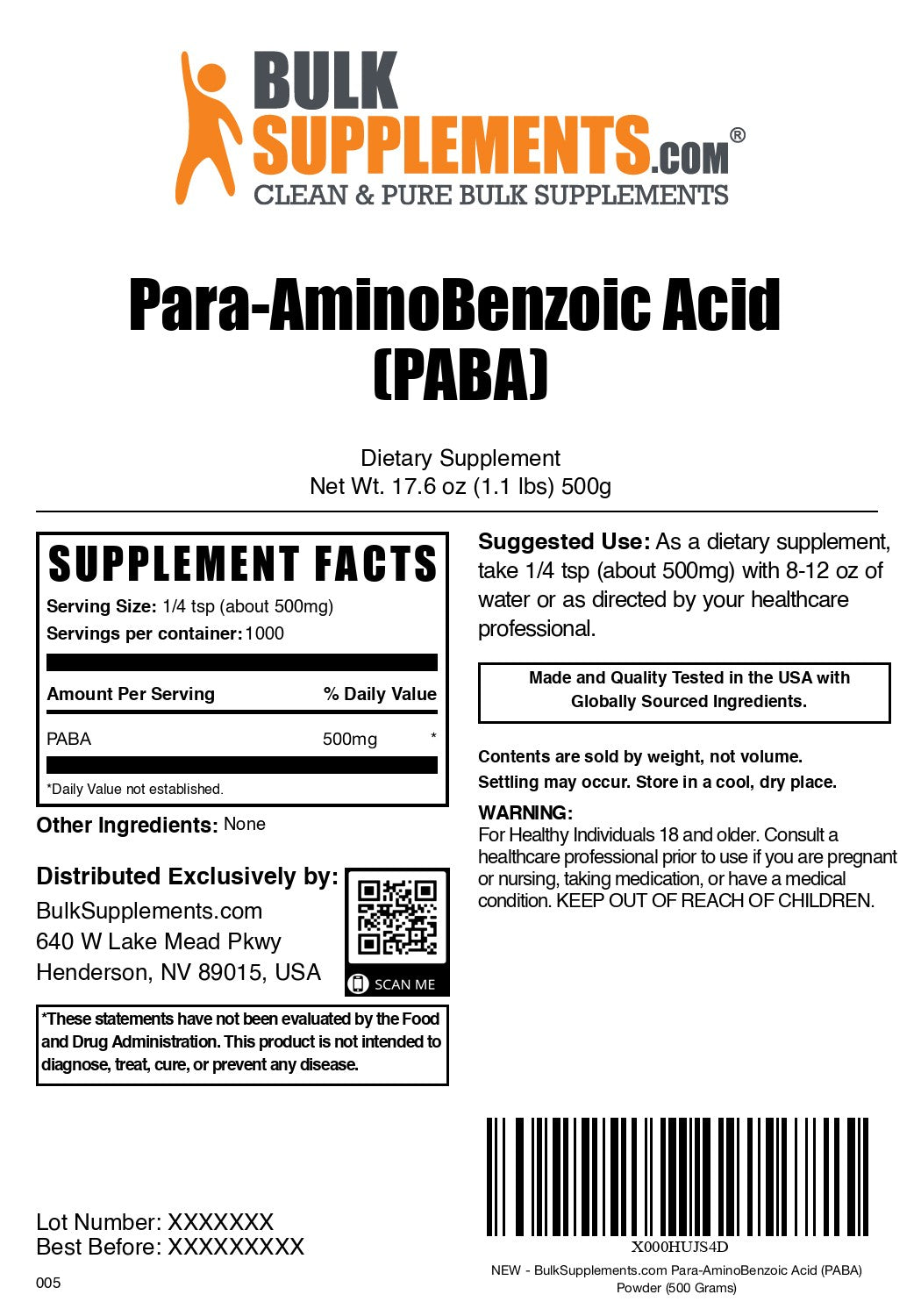 Para-Aminobenzoic Acid (PABA) Powder 500g label