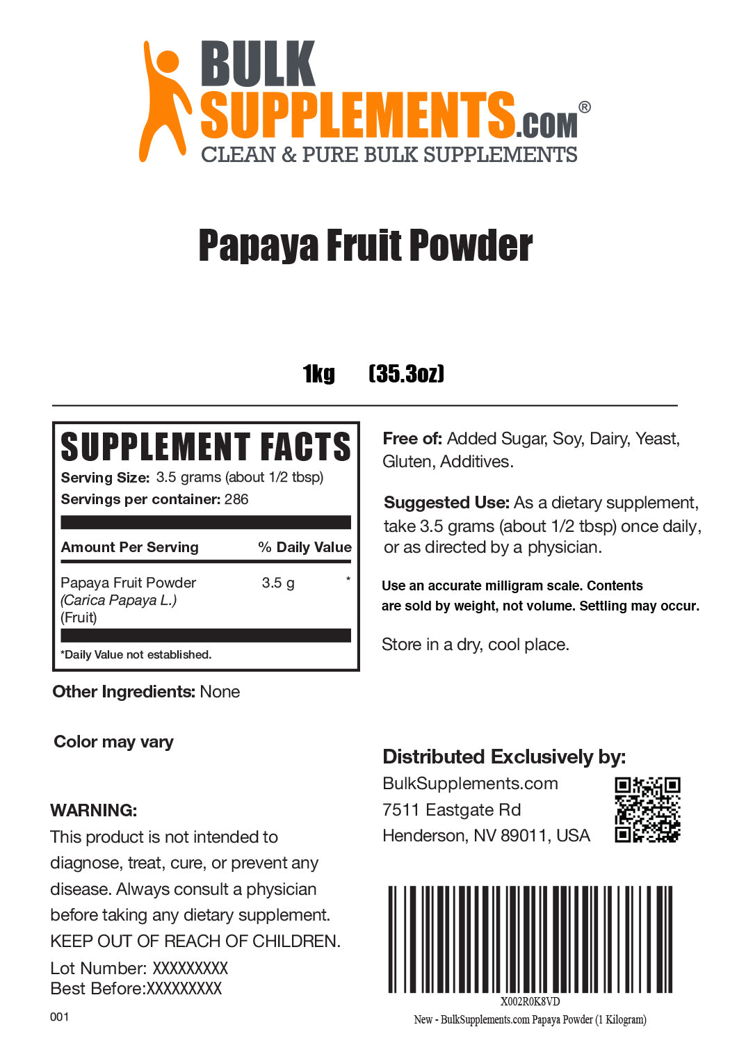 Supplement Facts Papaya Fruit Powder