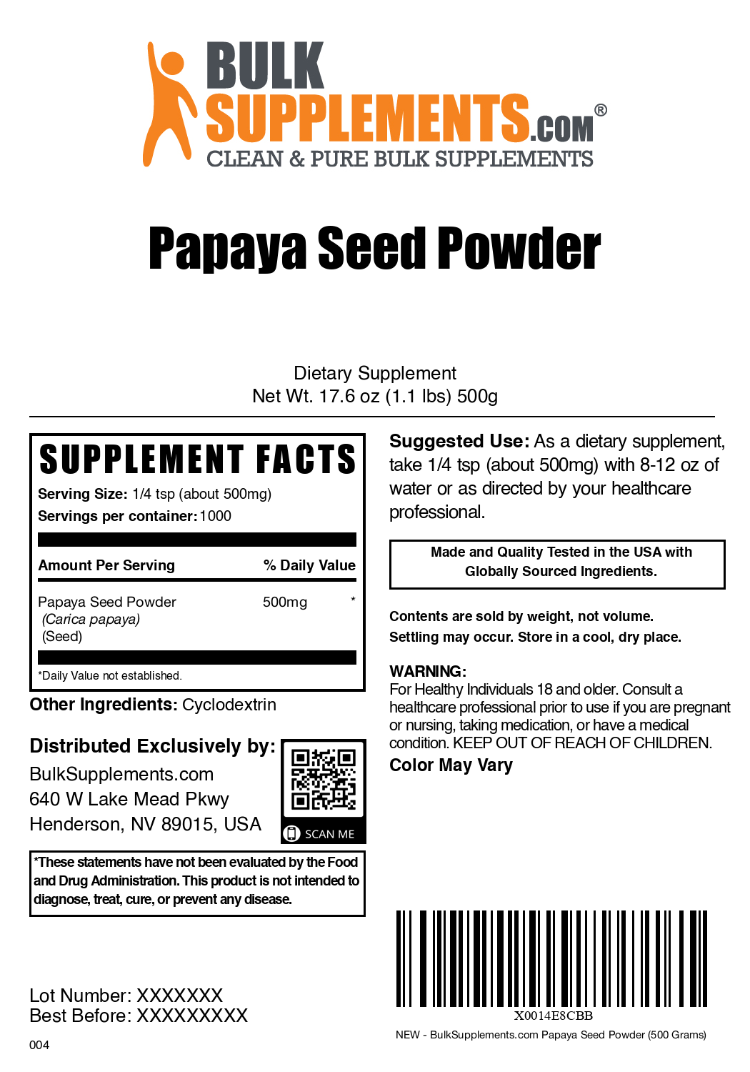 Papaya seed powder label 500g