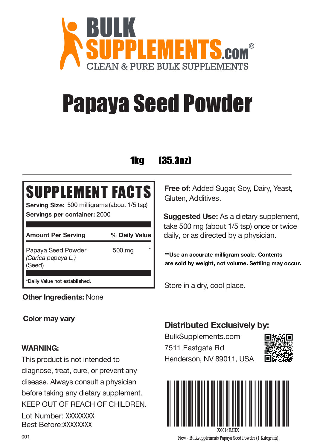 Supplement Facts Papaya Seed Powder