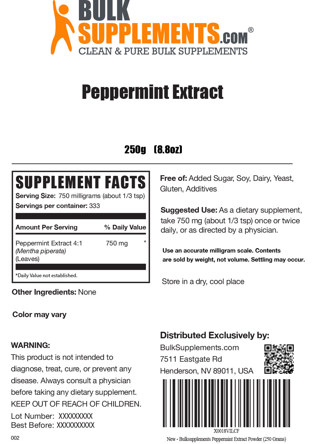 Supplement Facts Peppermint Extract