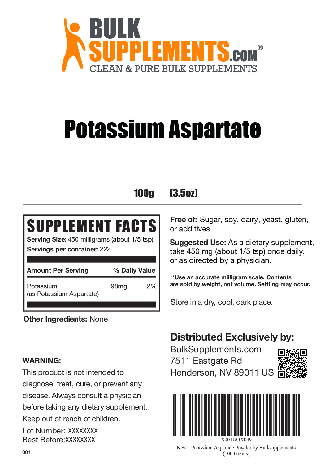 Supplement Facts Potassium Aspartate