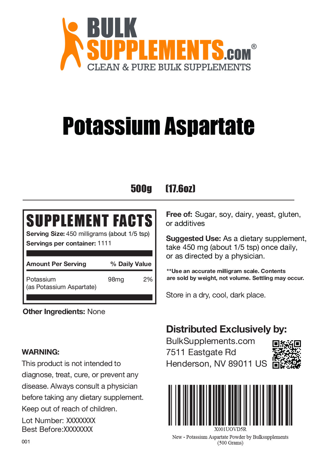 Supplement Facts Potassium Aspartate