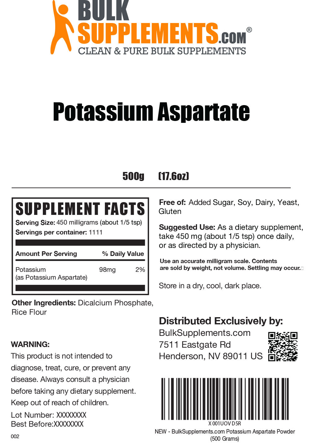 Supplement Facts Potassium Aspartate Powder 