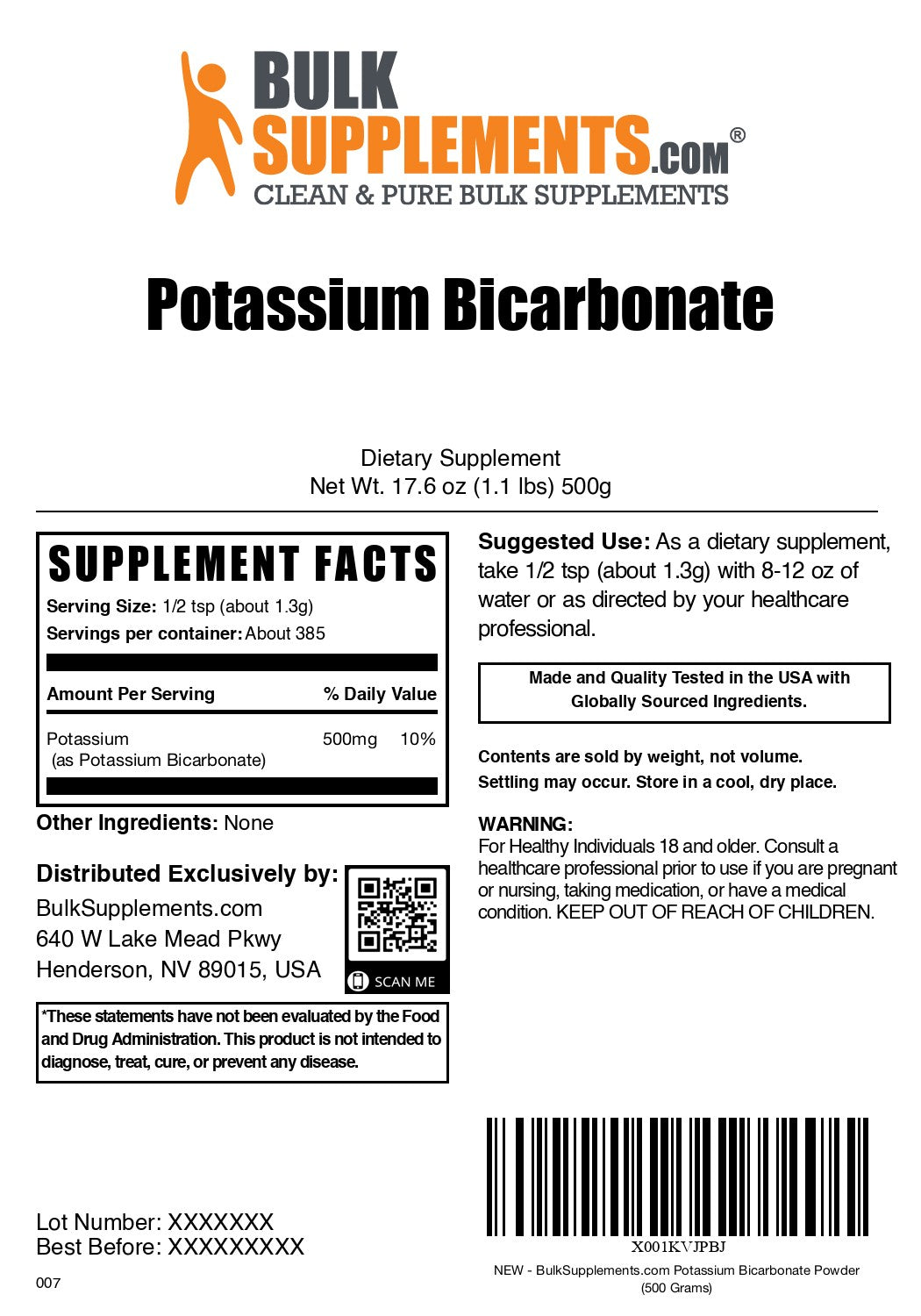 Potassium Bicarbonate Powder 500g label