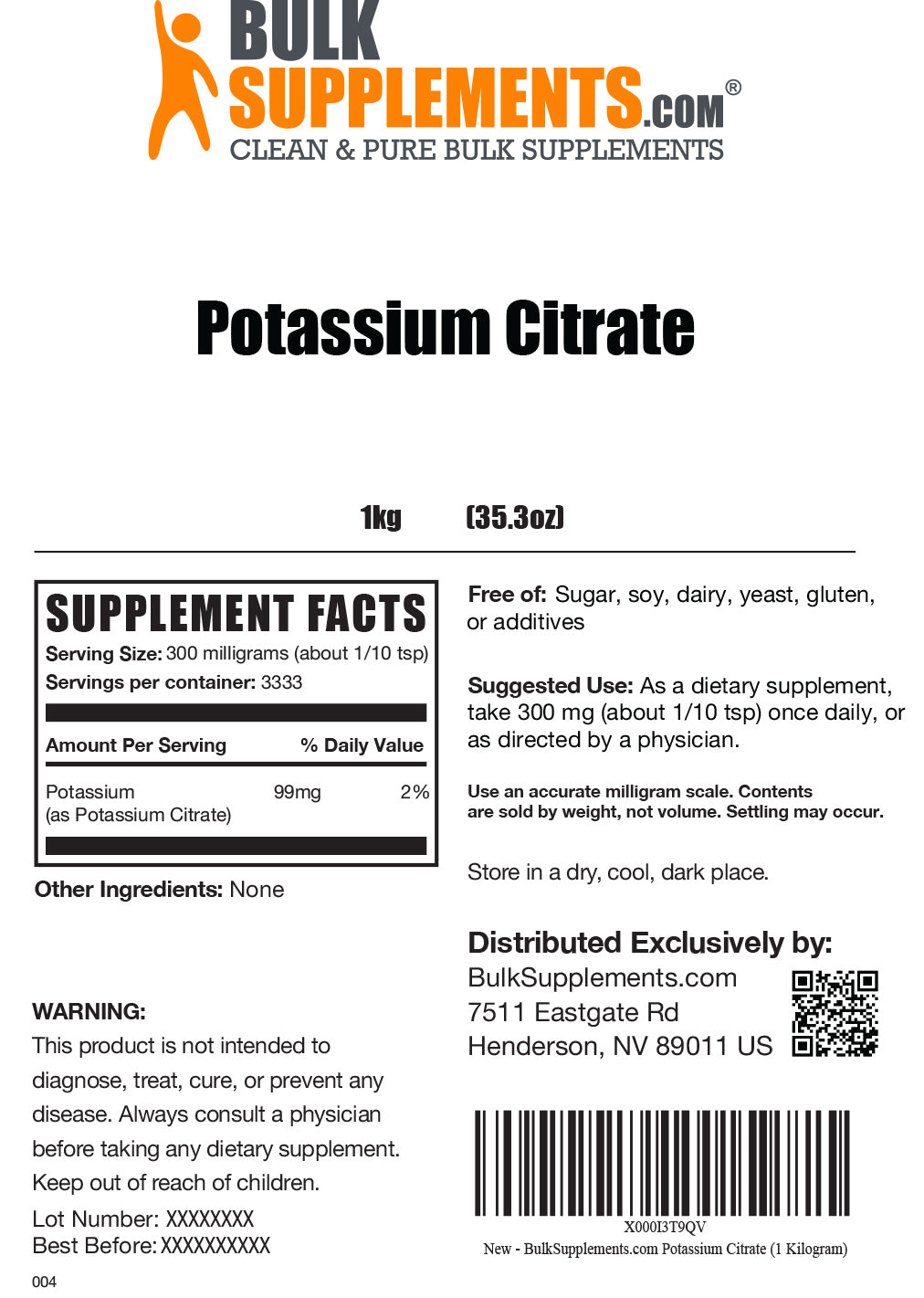 Supplement Facts Potassium Citrate