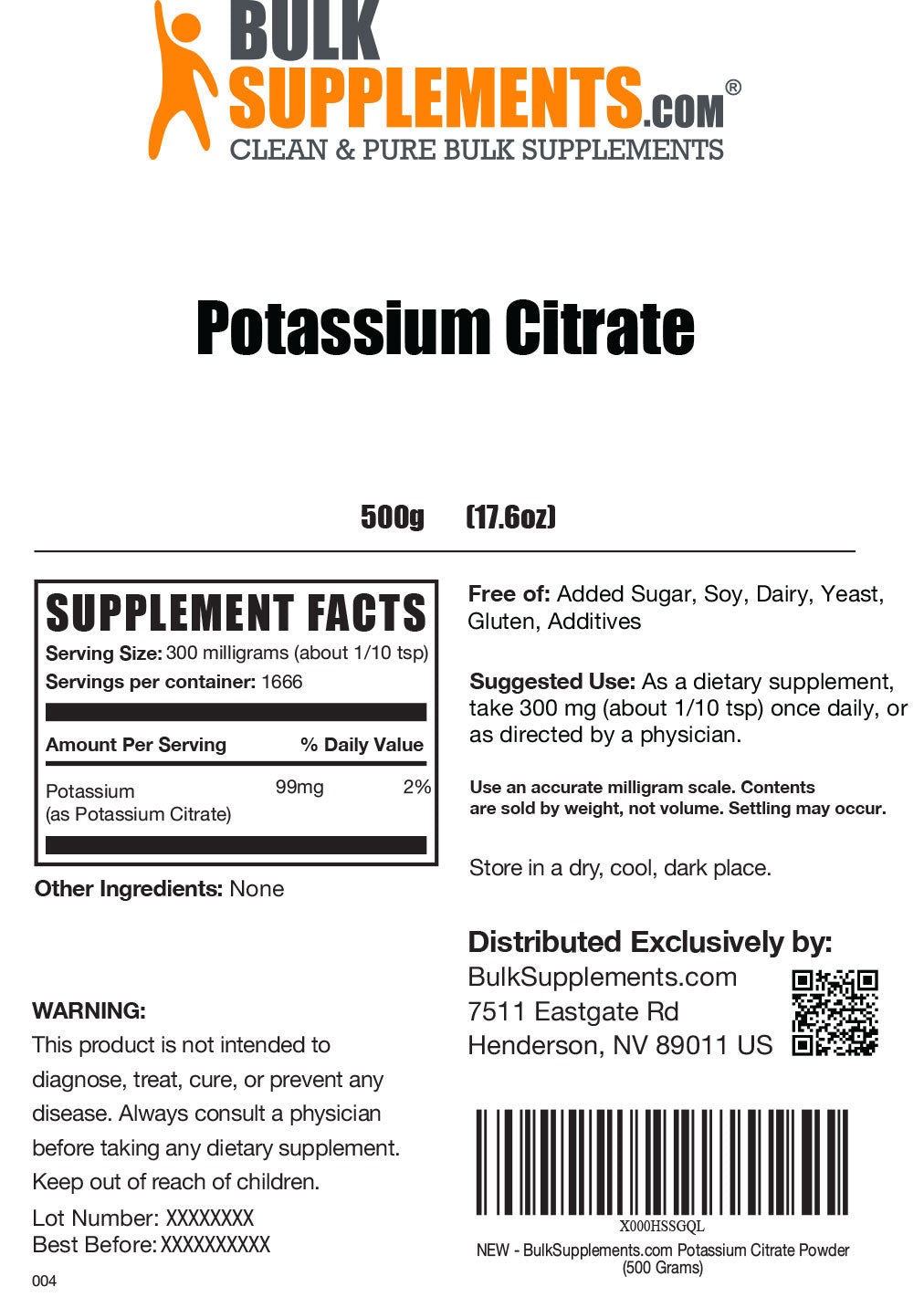 Potassium citrate powder label 500g