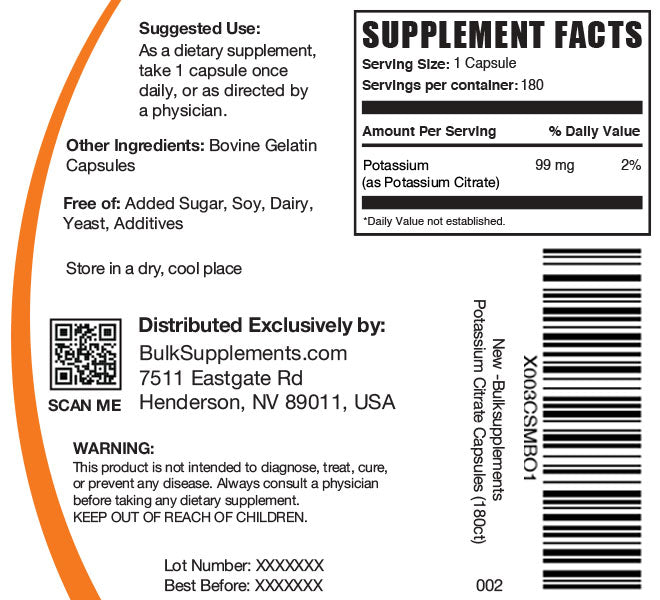 Potassium Citrate 180 Capsules Label