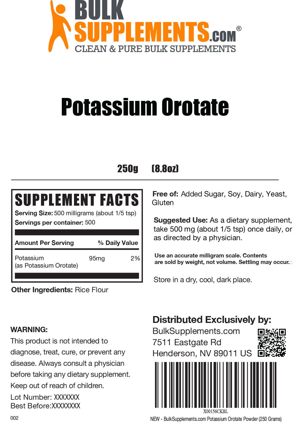 Supplement Facts Potassium Orotate 