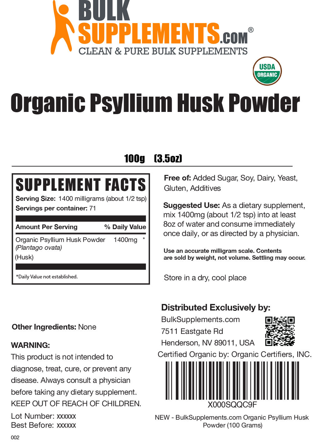 Supplement Facts Organic Psyllium Husk 100g