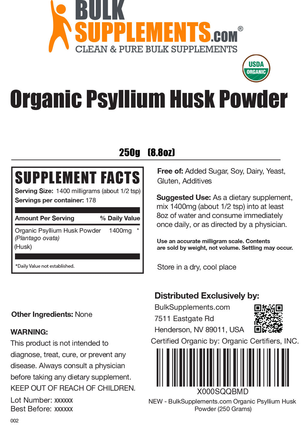Supplement Facts Organic Psyllium Husk 250g