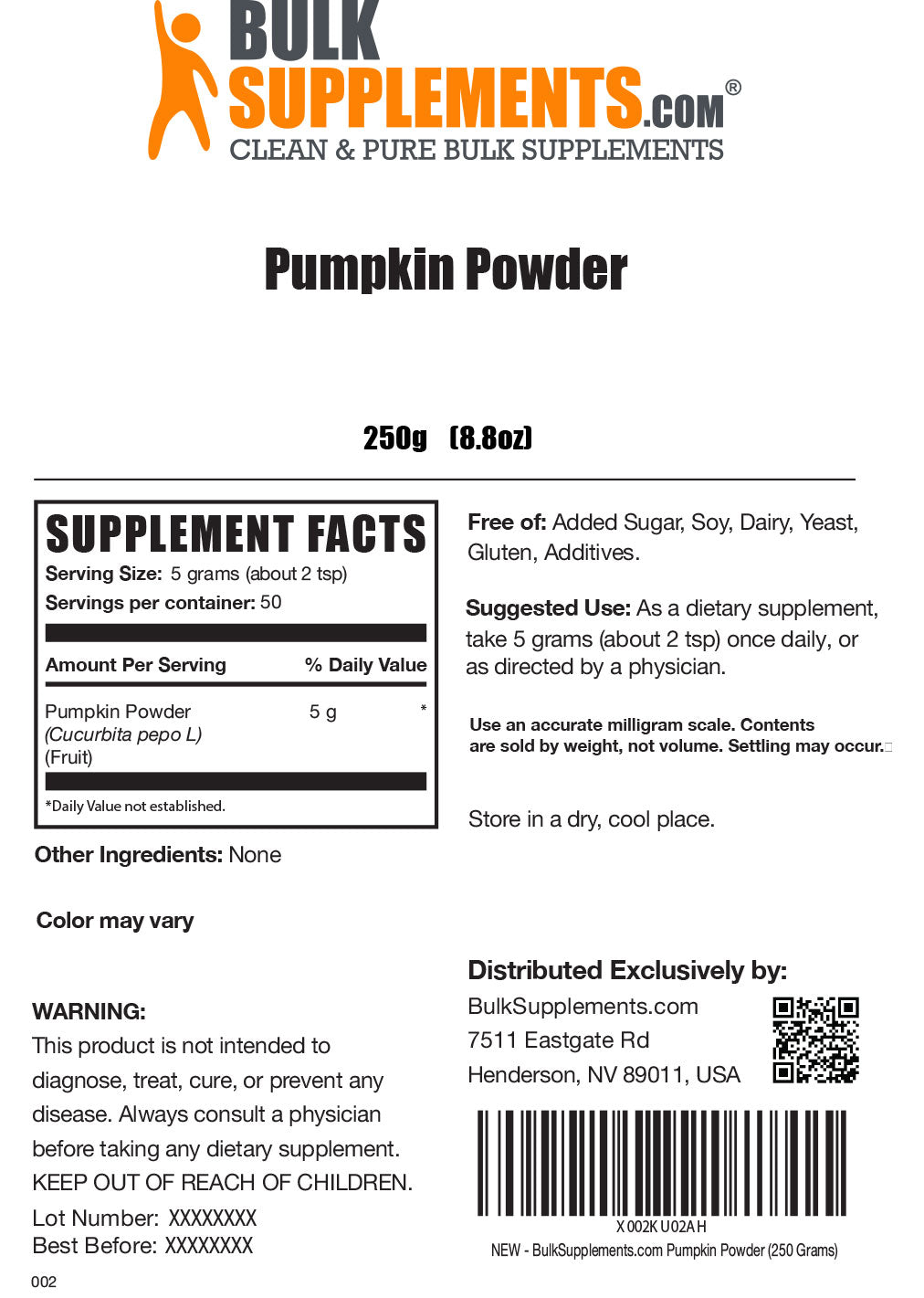 Supplement Facts Pumpkin Powder