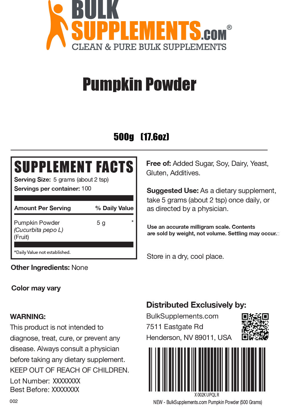 Supplement Facts Pumpkin Powder