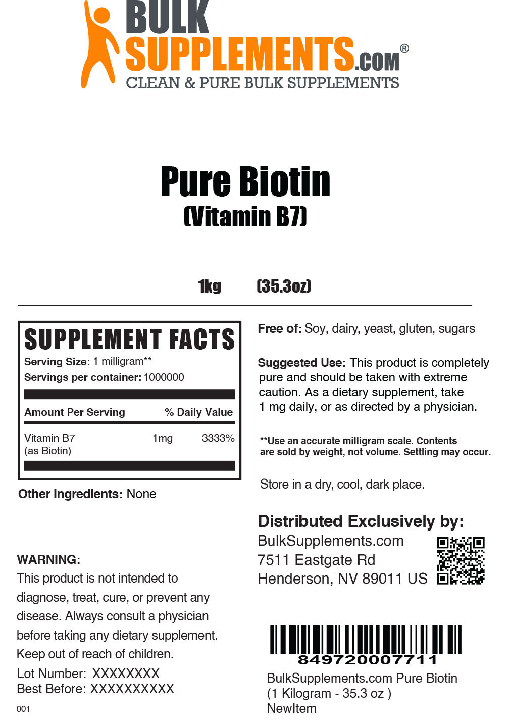 Supplement Facts Pure Biotin Vitamin B7