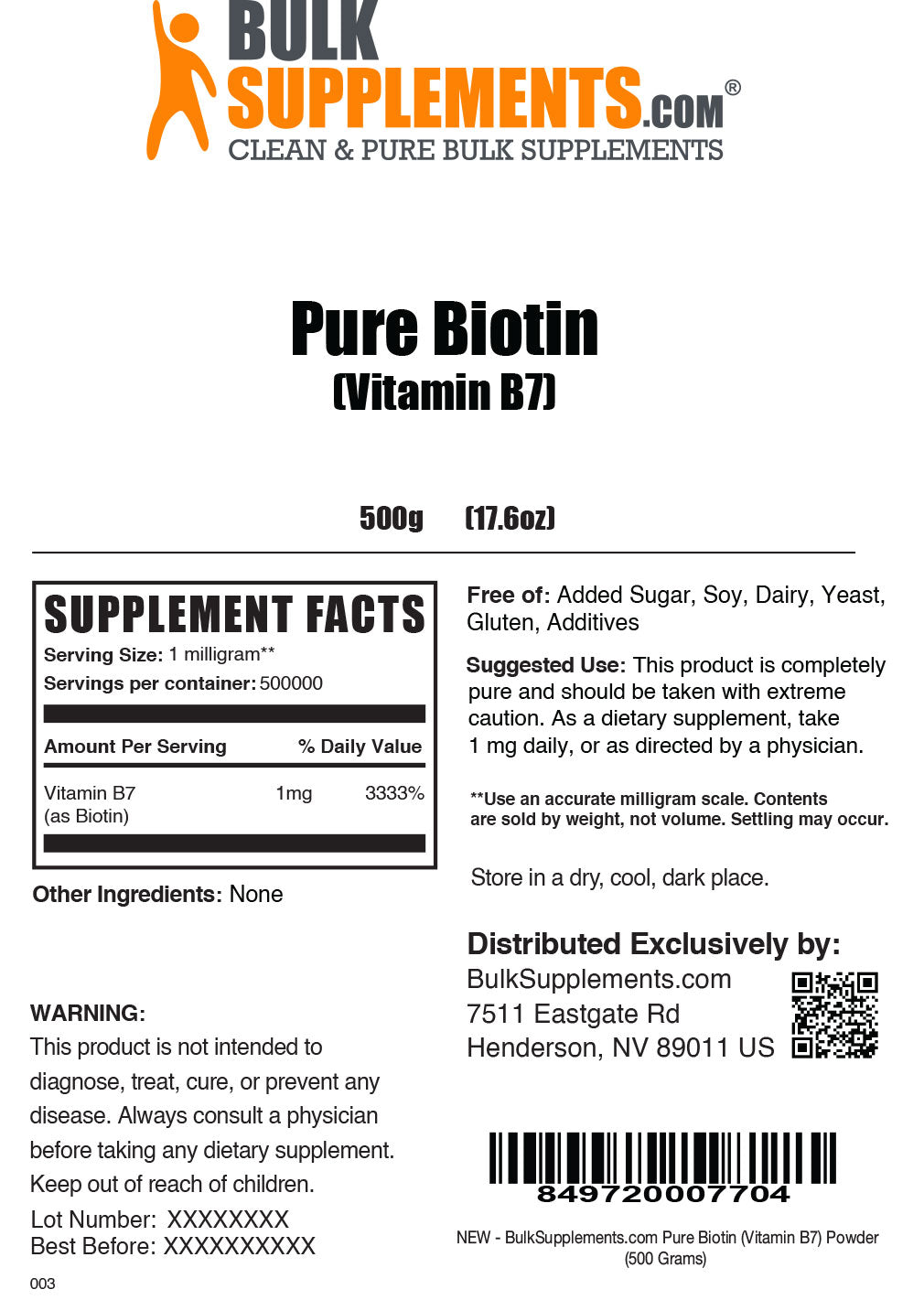 Supplement Facts Pure Biotin Vitamin B7