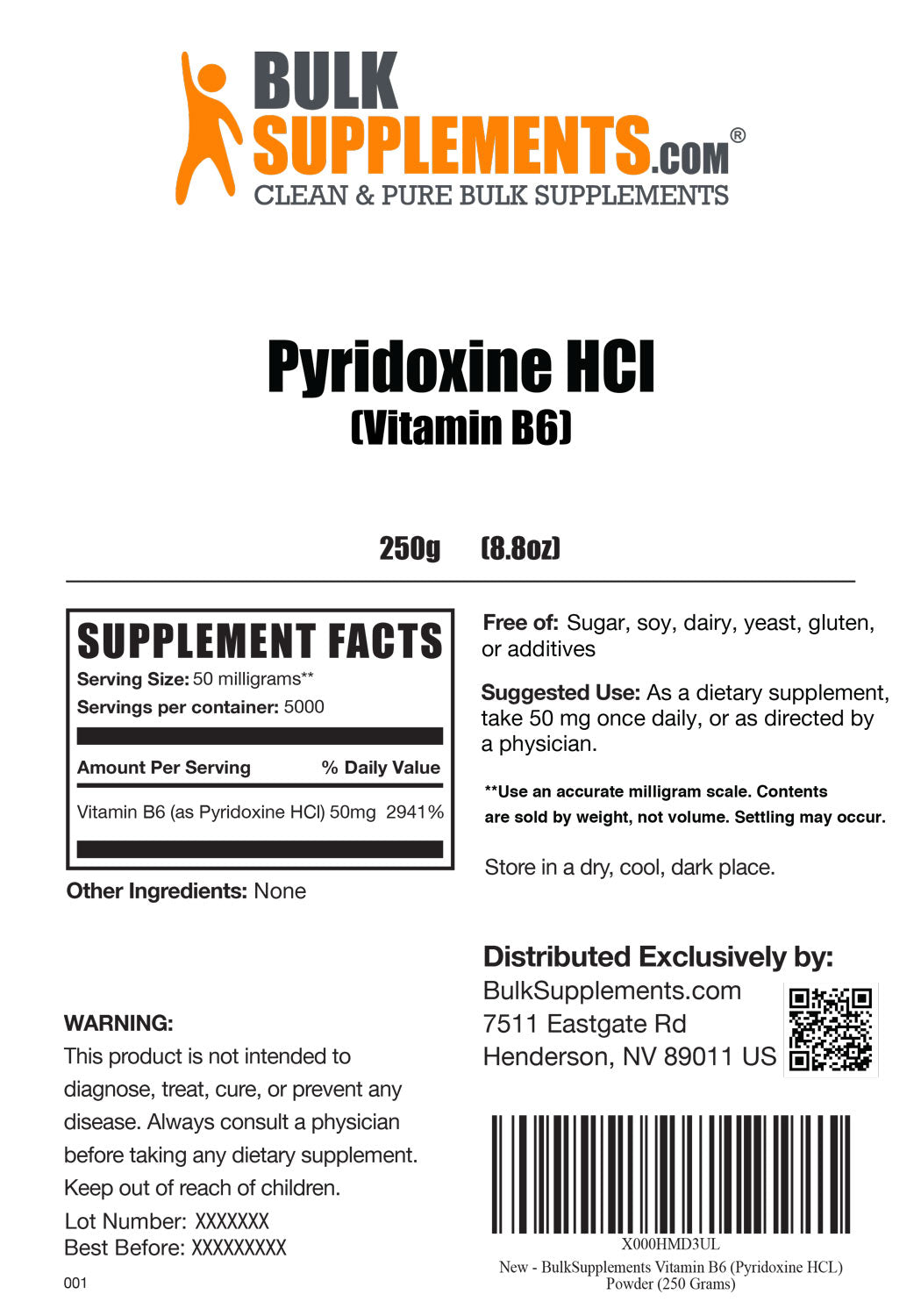 Supplement Facts Pyridoxine HCl Vitamin B6