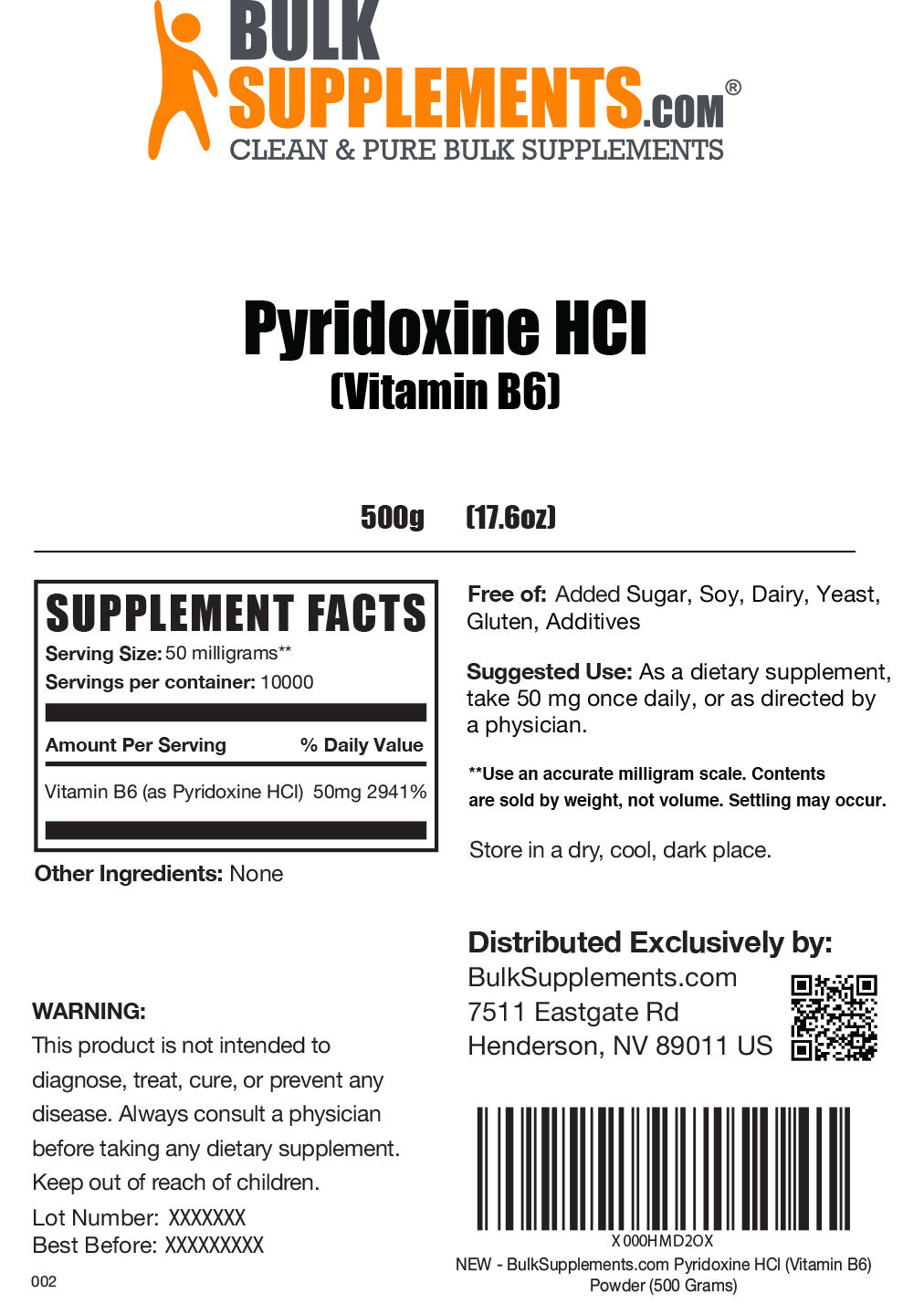 Supplement Facts Pyridoxine HCl Vitamin B6