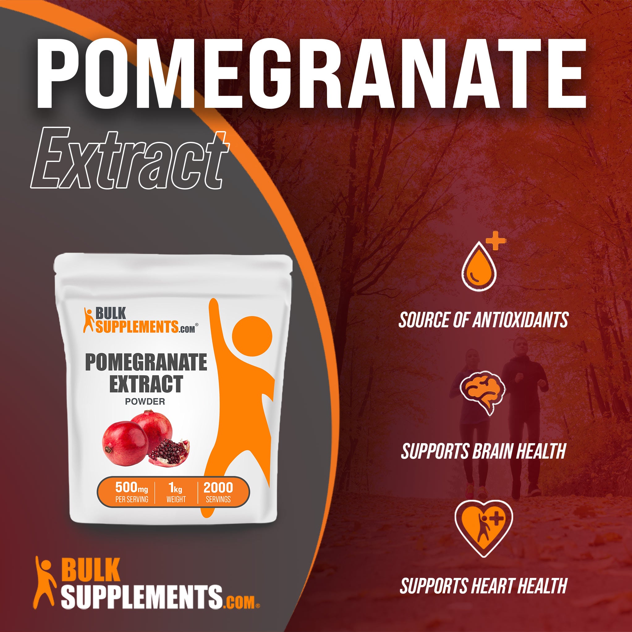 Benefits of Pomegranate Extract: source of antioxidants, supports brain health, supports heart health